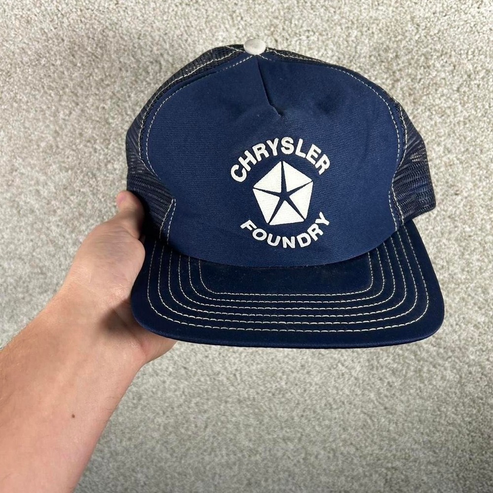 Vintage 80s/90s Chrysler navy blue mesh foam trucker SnapBack hat cap
